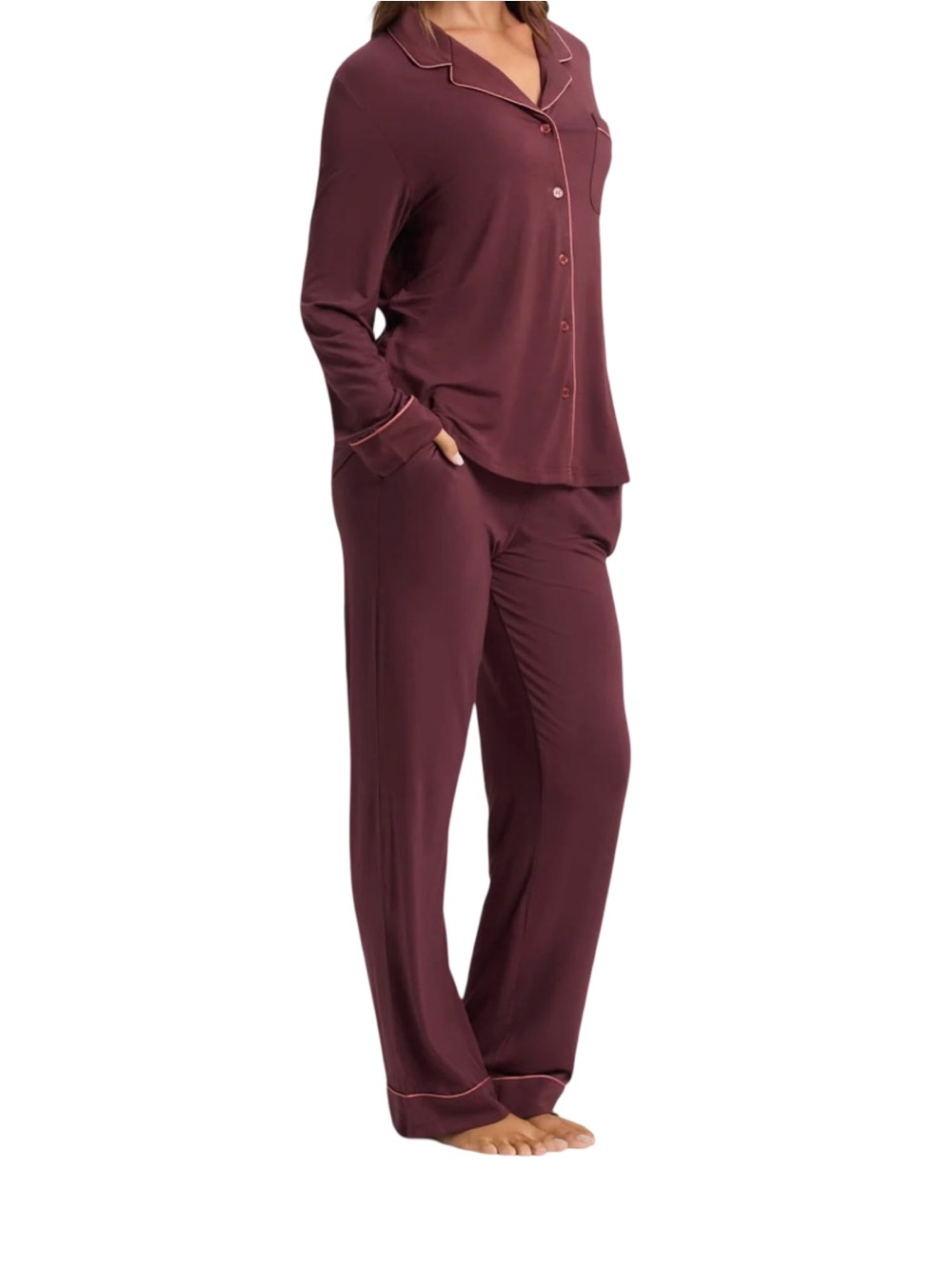Cozy Earth NWT Bamboo Stretch-Knit Classic Long Sleeve PJ Set Burgundy Size M - Picture 2 of 10